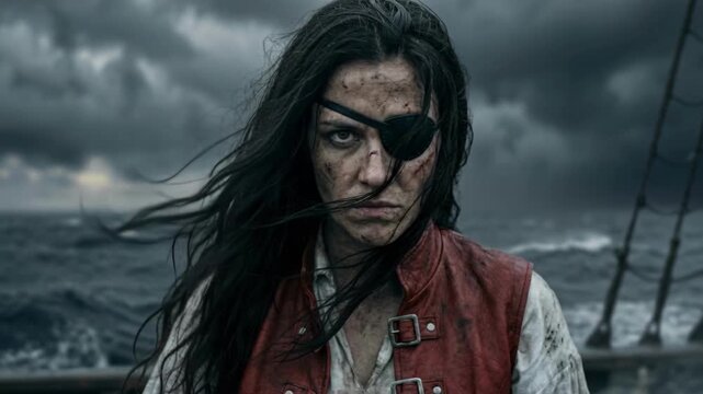 Cinematic portrait of a female pirate with an eye patch standing on a ship deck during a storm symbolizing courage and adventure in a historical fantasy or dangerous sea voyage concept