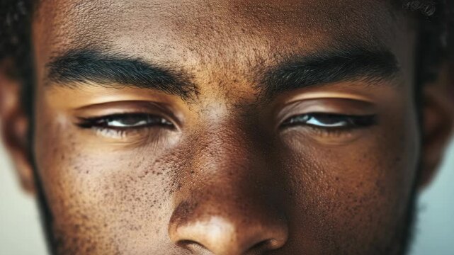 Serious look on a man with dark skin, intense eye contact.