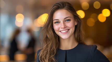 Obraz premium Smiling young businesswoman close-up with blue eyes and long hair against warm bokeh lights, concept for corporate success, leadership and finance campaigns