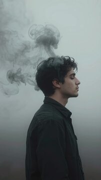 Side profile of a young man with smoke rising from his head against a gray background symbolizing burnout and stress in a mental health or creative overthinking abstract art concept