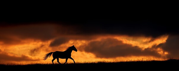 Fototapeta premium Silhouette of a running horse on a grassy hill against a vivid orange and black sunset sky, concept for nature photography, wildlife themes and equestrian advertising