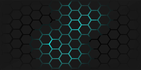 Dark hexagon abstract technology background with blue and green colored bright flashes under hexagon. Hexagonal gaming vector tech illustration black abstract background. modern