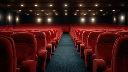 Obraz premium Empty cinema auditorium with rows of red velvet seats waiting for audience, showcasing entertainment and leisure