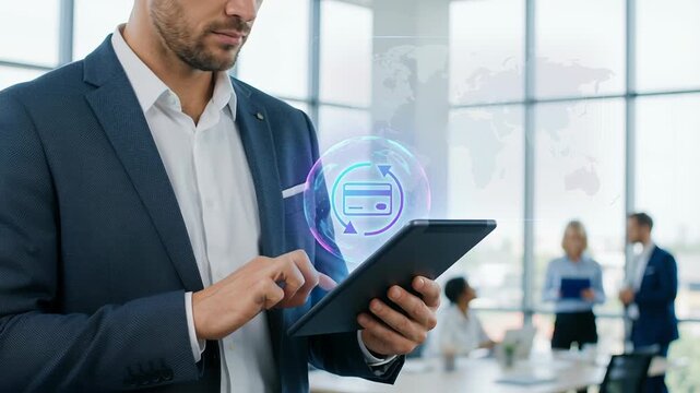 Businessman uses mobile phone for digital payments and online banking in cashless economy, secure transaction technology and financial for business growth