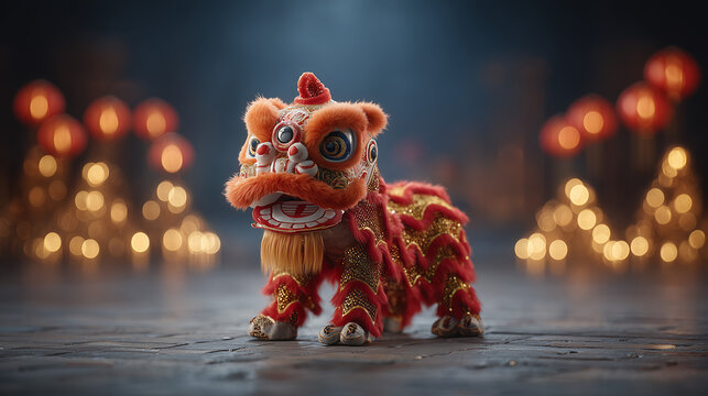 Lion Dance Festival, Single red lion dance costume standing on stage with festive lights highlighting Chinese cultural performance and traditional celebration symbolism