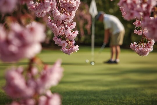 Blurry mature golfer putting on a green surrounded by vibrant, pink cherry blossom branches hanging in the foreground, concept for leisure activities, spring marketing and retirement planning