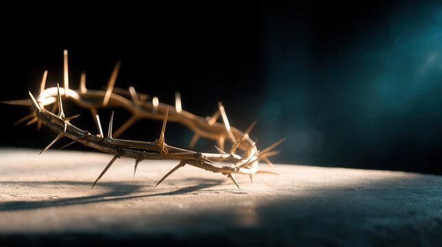 Crown of thorns reflecting golden sun rays on a wooden surface, symbolizing sacrifice, christian redemption, faith