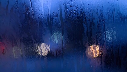 Rain Drops on Window with Blurred Car Lights at Night, Moody Blue Background
