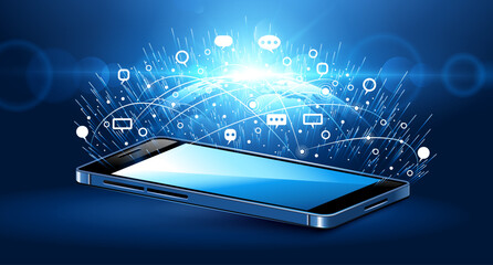 Global Mobile Connectivity Illustration. 3D Smartphone Emitting Digital Data Streams, Speech Bubbles, and Network Links Over a Glowing World Map © RANA