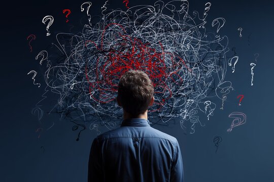 Rear view of a frustrated young professional looking at complex tangled lines and floating question marks, concept for mental health campaigns, problem solving strategies and business analysis