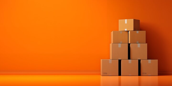 Six stacked cardboard shipping boxes against a reflective, vibrant orange background with copy space, concept for e-commerce, logistics operations and digital product packaging display