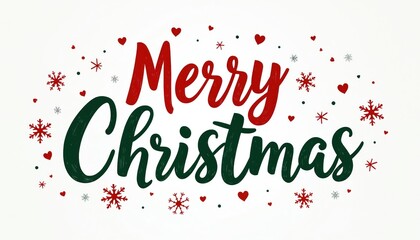Fototapeta premium Festive red and green cursive text says Merry Christmas. Small hearts and snowflakes surround the holiday greeting on white background. Simple winter celebration text.