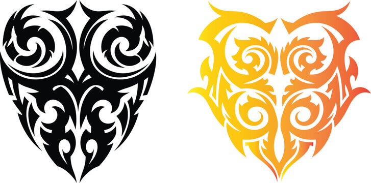 Intricate heart shaped tribal patterns featuring flowing curves and sharp points, suitable for symbolic emblems