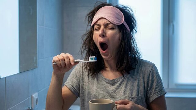 Tired messy woman with a pink sleep mask yawning while brushing teeth and holding a coffee cup in a bathroom symbolizing morning routine and waking up struggle in a funny monday mood concept