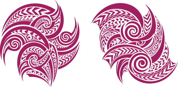 Intricate swirling shapes adorned with traditional Polynesian style tribal patterns for creative projects