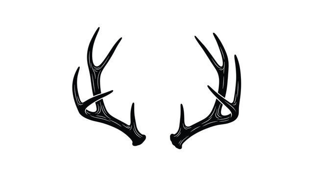 Detailed black silhouette of deer antlers with multiple points isolated on a plain white background for design.