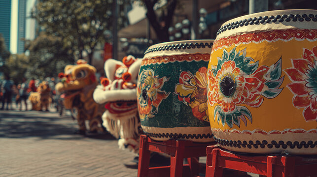 Lion Dance Festival, Traditional Chinese drums prepared for Lion Dance Festival performance lined along street with decorative patterns symbolizing rhythm, ceremony, and cultural celebration atmospher