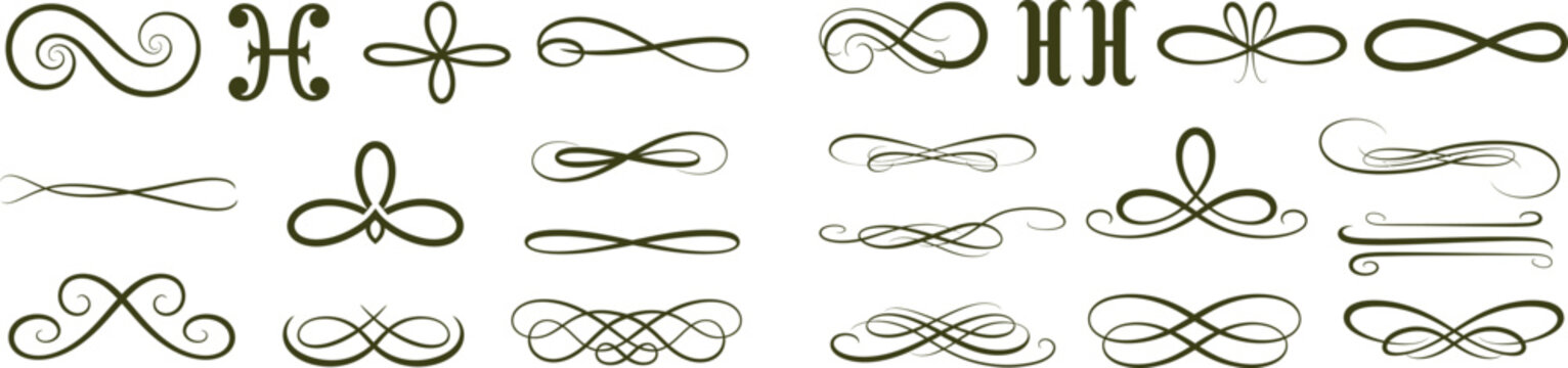 Large collection of delicate calligraphic scroll dividers and text flourishes, ideal for elegant invitations and document separators