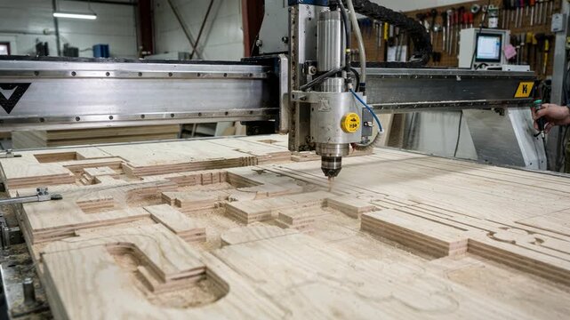 Medium view of CNC equipment carving interlocking joinery patterns from plywood sheets illustrating advanced automation in wood furniture assembly components.
