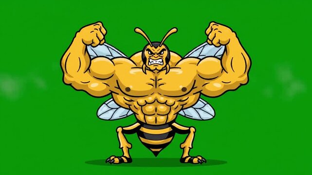 A powerful yellow and black cartoon wasp is flexing huge biceps in a bold 2d vector style on a bright green screen.