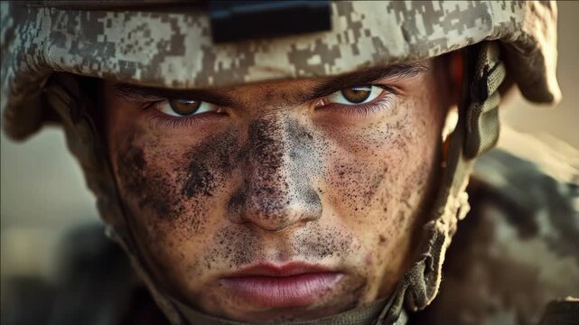 A young soldier in a combat uniform, looking intense and focused. The camouflage pattern on his uniform suggests he's ready for battle.