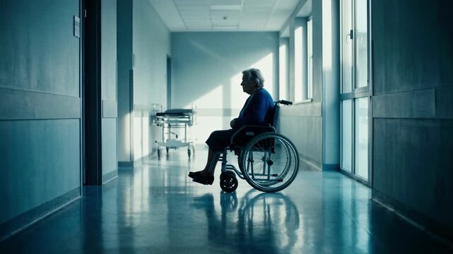 Lonely elderly patient sitting in a wheelchair in a long empty hospital corridor with cold blue light symbolizing isolation and illness in an aging or waiting for medical care healthcare concept