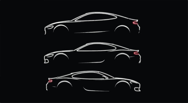 Three white outline vector silhouettes of luxury sports cars in profile, isolated on a dark charcoal background. Each car features sleek lines and a coupe design