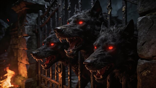 Powerful Cerberus with three snarling heads in shadowy underworld entrance
