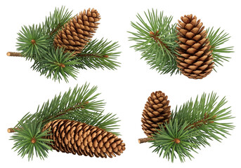 Fototapeta premium Four pine cone and evergreen branch arrangements isolated on transparent background