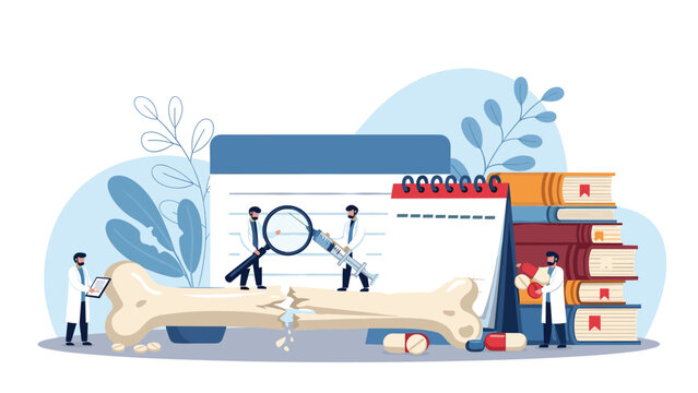 Medical professionals working together to treat a large broken bone model surrounded by medicine and study materials.