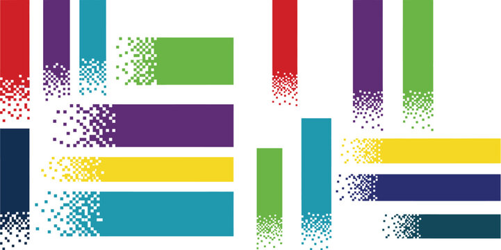 Rectangular color bars dissolving into small pixel fragments, showing a digital data disintegration effect