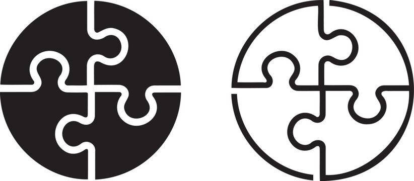 Vector illustration of two circular puzzle icons, one solid black and one outlined, each composed of four interlocking pieces, isolated on a transparent background.
