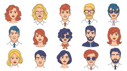 Diverse group of people avatars collection featuring men and women with different hairstyles, glasses, and professional clothing for user profiles.