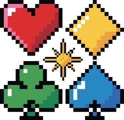 Pixel playing card suits heart diamond club spade and starburst pixel playing cards