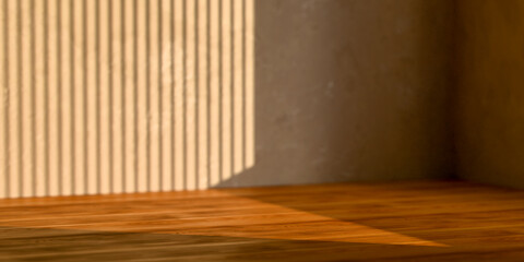 empty wooden table top with shadow on beige wall background for product display presentation...