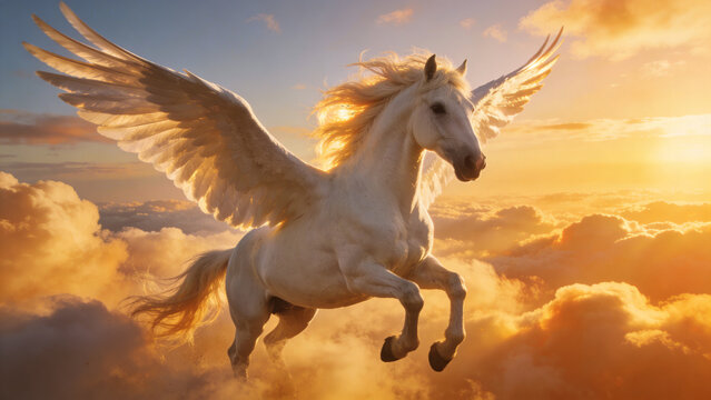 Graceful Pegasus with flowing mane gliding above morning clouds
