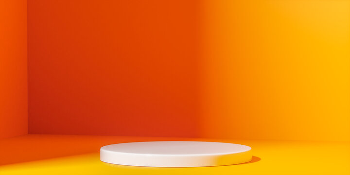 bright orange studio background with empty white podium for product display presentation mockup showcase minimalist pedestal stage copy space 3d illustration
