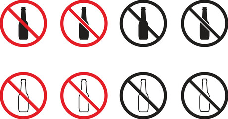 No Alcohol Prohibited Sign Set - Red and Black Forbidden Drink Symbols with Bottle Silhouette and Outline for Safety Warnings and Zone Regulation Vector