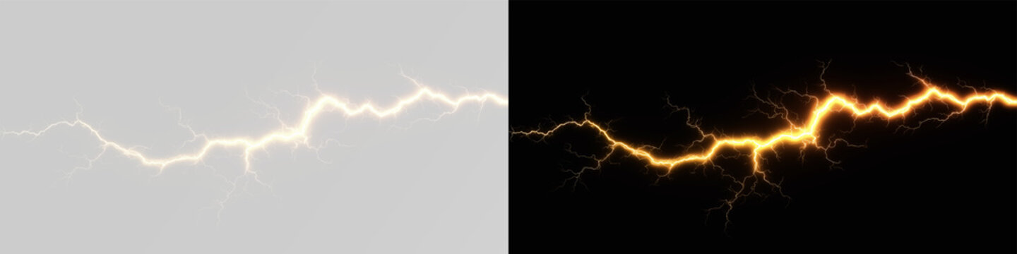 Golden lightning thunder strike light PNG. Bright electric arcs flash across the sky in a storm. Ideal for dramatic overlays or intense weather effects overlay effect for banner