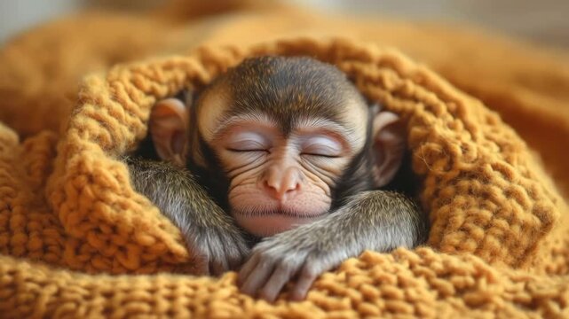 Cute baby macaque primate sleeping snugly in a warm, knitted orange blanket