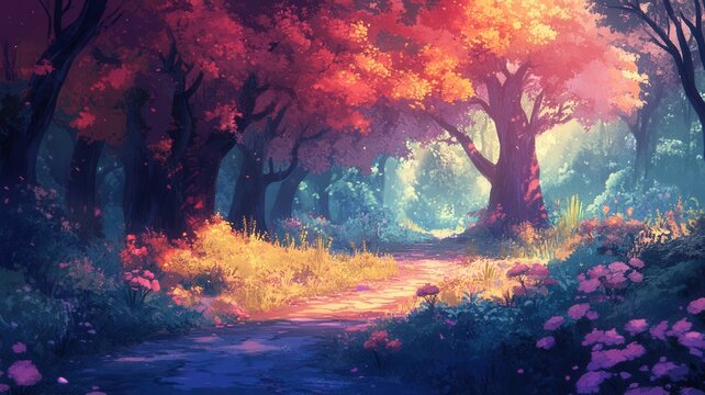 Stone path winding through a magical forest, colorful plants with falling petals under soft light sunset