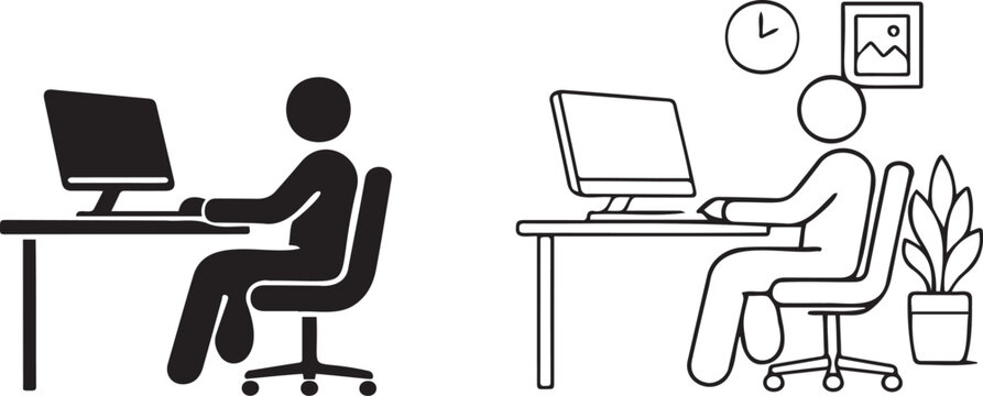 Vector illustration of a person working at a desk with a computer, depicted in both solid black and outline styles, isolated on transparent background.