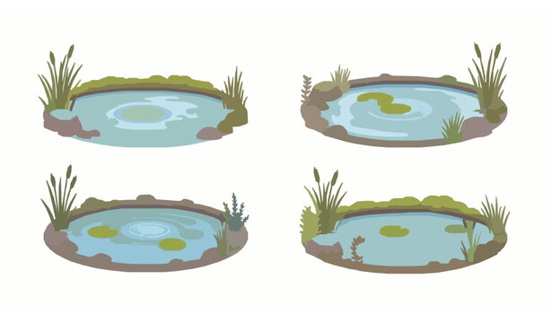 Flat vector pond set with lilies, rocks, and tranquil water designs