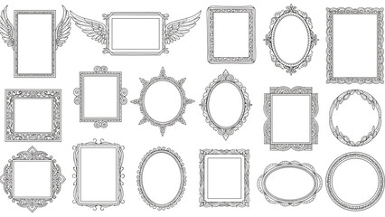 Large collection of diverse ornate vintage picture frames and borders in a hand-drawn sketch style on a white background.