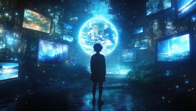 A person standing in front of an immersive virtual reality screen, surrounded by floating digital screens showing various landscapes.