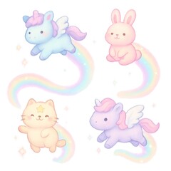 Pastel fantasy animals illustration with winged unicorn bunny and cat on rainbow trail soft dreamy nursery style art