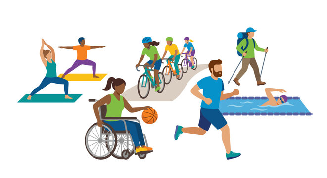 Diverse people doing various sports and physical activities, healthy lifestyle concept, flat vector illustration