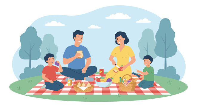 Happy family having a picnic in the park, parents and children eating outdoors, flat vector illustration