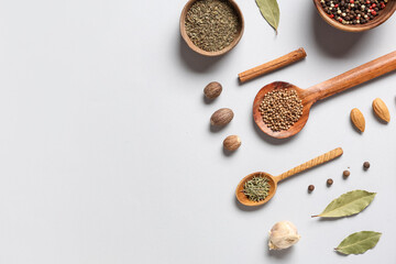 Composition with various aromatic spices on grey background