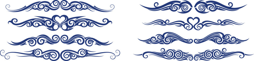 Fototapeta premium Set of flowing tribal wave scrollwork dividers featuring integrated heart shapes for decorative line elements and page embellishments